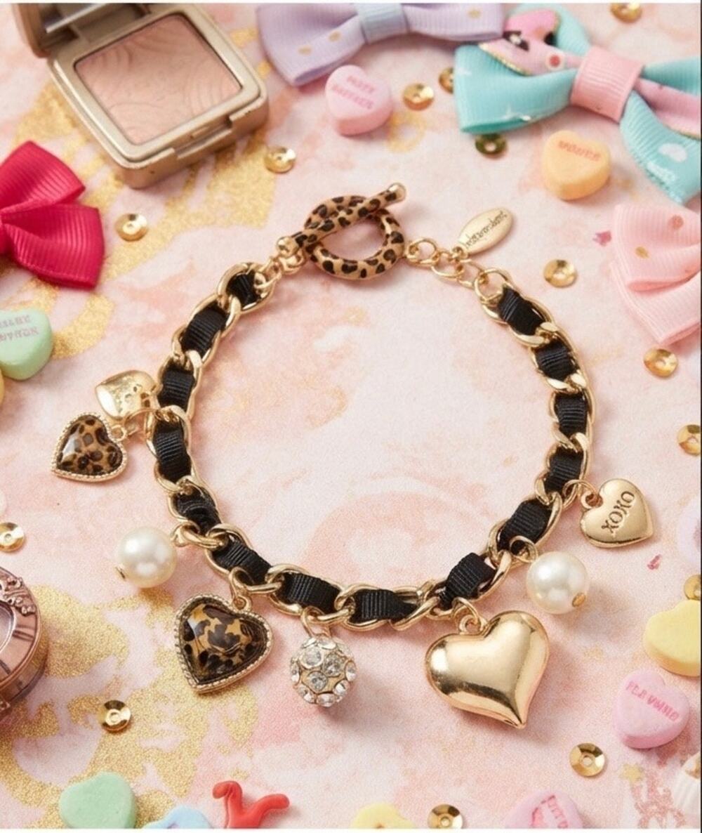 Black & Gold Charm Bracelet Leopard Hearts, Bows, Pearls & Rhinestones 6.5” New